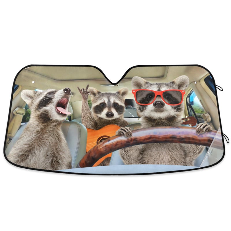 Oarencol Raccoon Driving Car Windshield Sun Shade Funny Animal Music Foldable UV Ray Sun Visor Protector Sunshade to Keep Your Vehicle Cool (55" x 27.6") - Image 1
